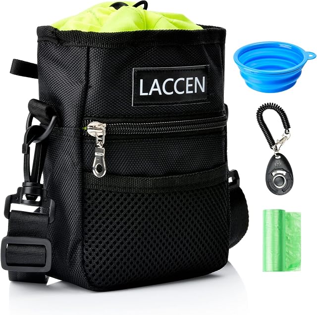 LACCEN Dog Treat Pouch, with Poop Bag & Collapsible Travel Pet Bowl & Doggie Clicker, Built-In Poo Waste Bag Dispenser & Adjustable Waistband Dog Walking Bag, Dog Treat Bag for Training