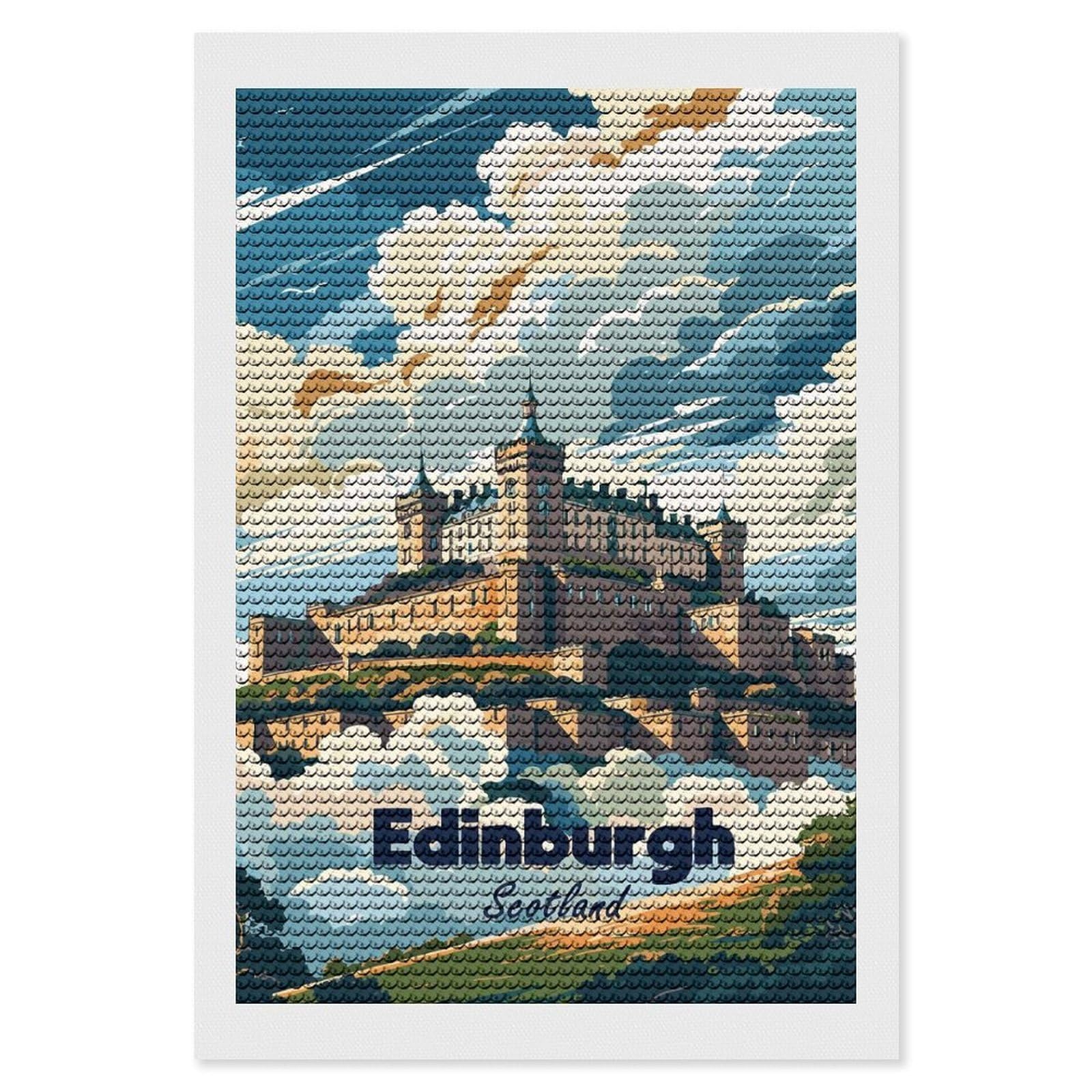 Junmoney Edinburgh Castle, Scotland Travel DIY Diamond Art Canvas Kit 8"x12", Adhesive Canvas, Easy to Enjoy, Farmhouse Decor, Festive Craft Gift