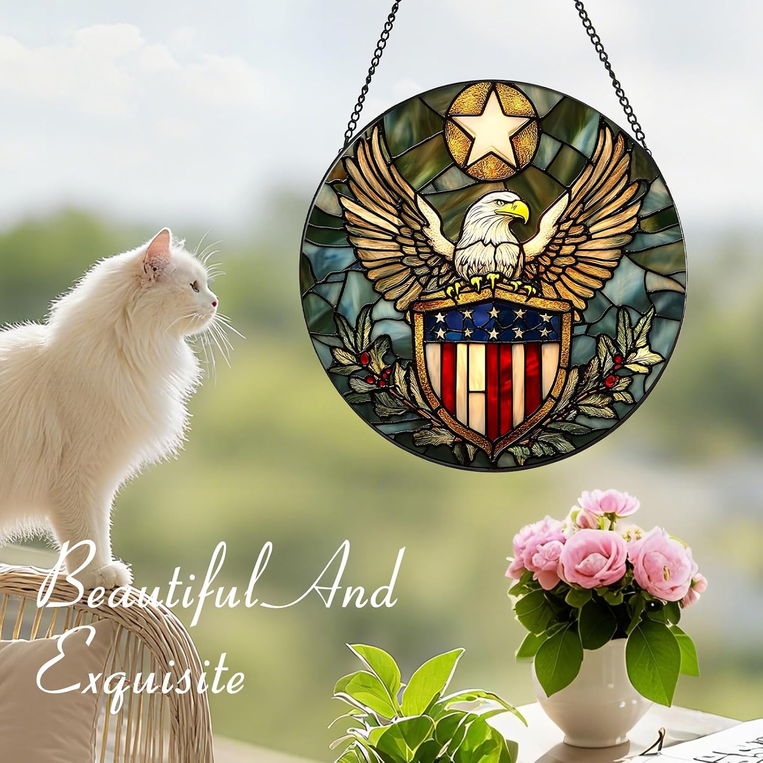 Stained Glass Bald Eagle Suncatcher - 7.9" Real Glass American Flag Window Hanging, Weatherproof Patriotic USA Decor, Military Veteran Gift for Men Dad Husband