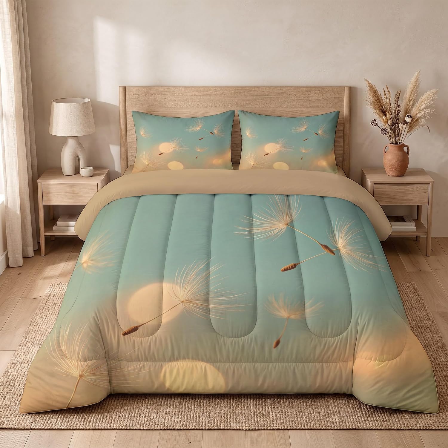 Aesthetic Photography Comforter Set Full Size, Dandelion Seeds Print Breathable Bedding Set for Girls Boys Teens, Turquoise Quilt Duvet with 2 Pillow Cases