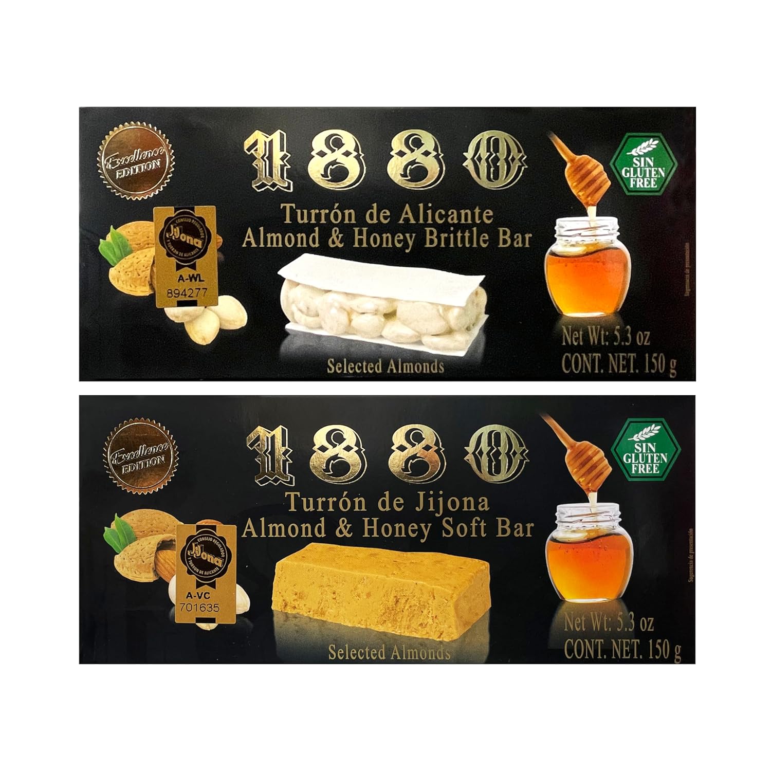 1880 Turron Variety Pack – Turron de Alicante (Hard Almond Nougat) & Turron de Jijona (Soft Almond Nougat) – 150g (5.3 oz) Each – Pack of 2
