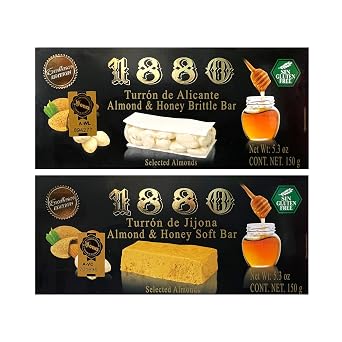 1880 Turron Variety Pack Turron de Alicante Hard Almond Nougat & Turron de Jijona Soft Almond Nougat 150g 5.3 oz Each Pack of 2