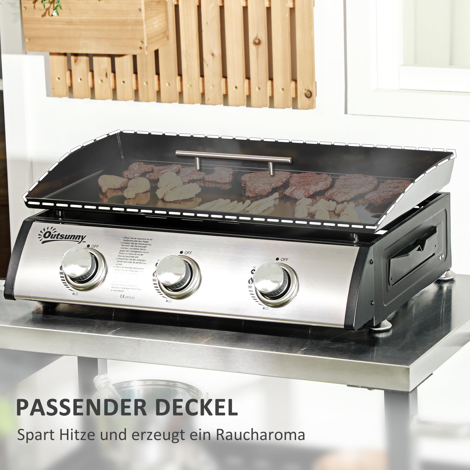 Outsunny Gasgrill mit 3 Brenner 7,5 kW Grillfläche 61 × 35,5 cm tragbarer Tischgrill mit Deckel Tischgasgrill aus Edelstahl BBQ Campinggrill für Garten Balkon Camping Schwarz