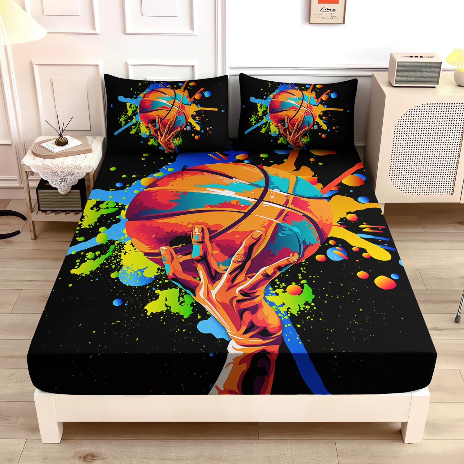 UEVBF Black Basketball Bedding Sets,Watercolor Tie-dye Bedding Color Graffiti Hip Hop Style Twin Sheets Set Boys,Ball Sports Games Bedding for Kids Room Decor,1 Fitted Sheet+2 Pillowcases.