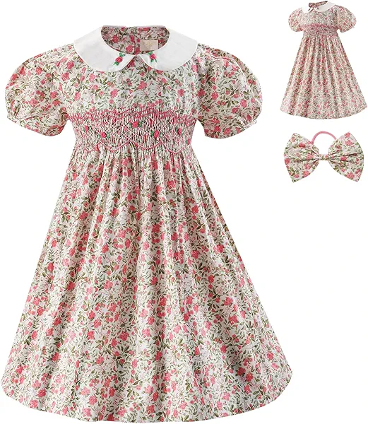 Girl Spring Summer Dress Smocked Floral Toddler Girl Smocked Vintage Birthday Tea Party Preschool Kindergarten Dresses