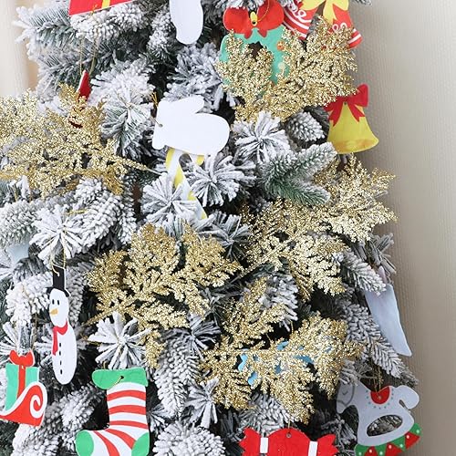 Miniatura 4 de KIMOBER 20 agujas de pino artificial de Navidad, con purpurina dorada, flores falsas, ramitas para árbol de Navidad, corona, decoración de ramo de