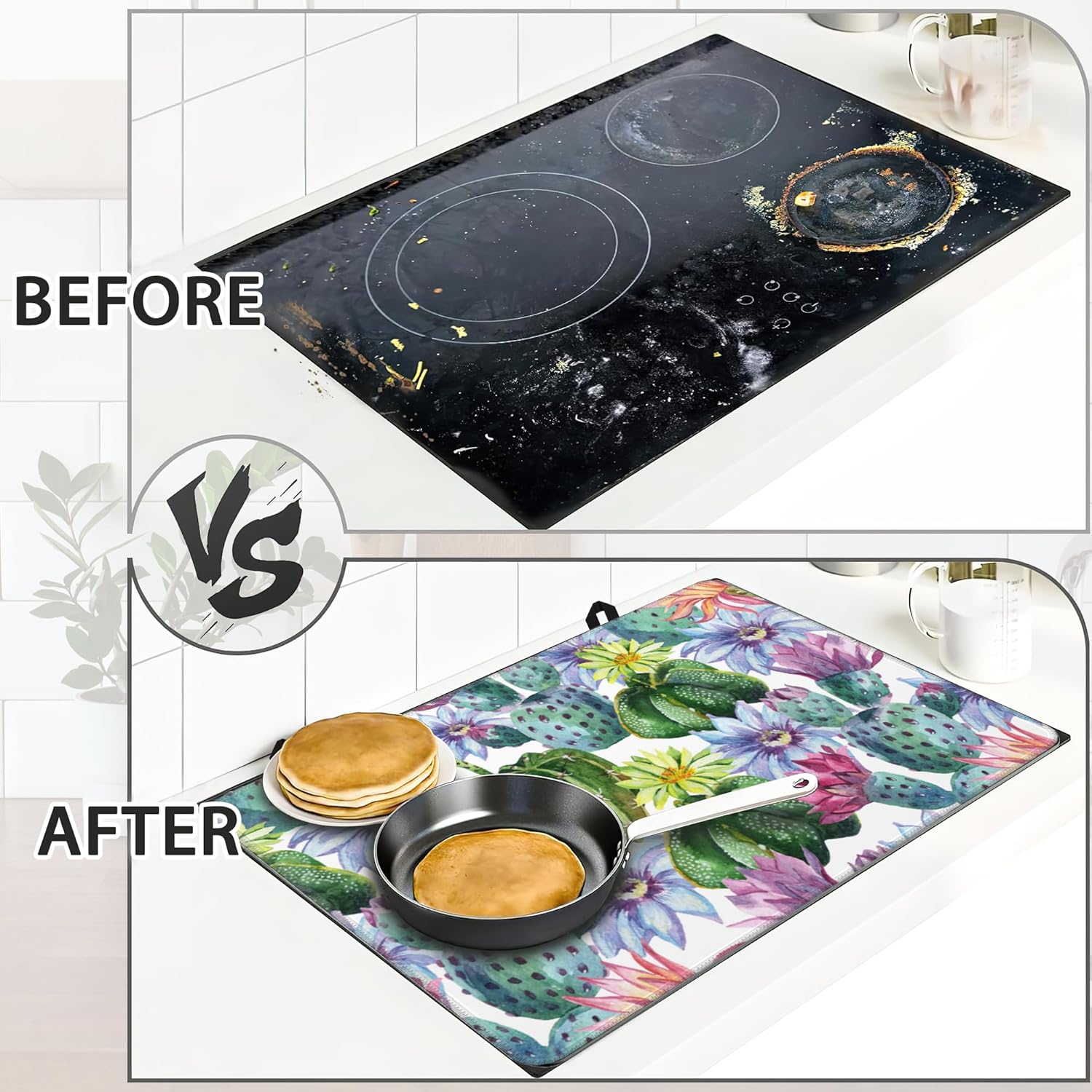 Stove Top Cover for Electric Stove,Vintage Cactus Flowers Thick Natural Rubber Glass Top Protector, Prevents Scratching, Expands Usable Space 28x20