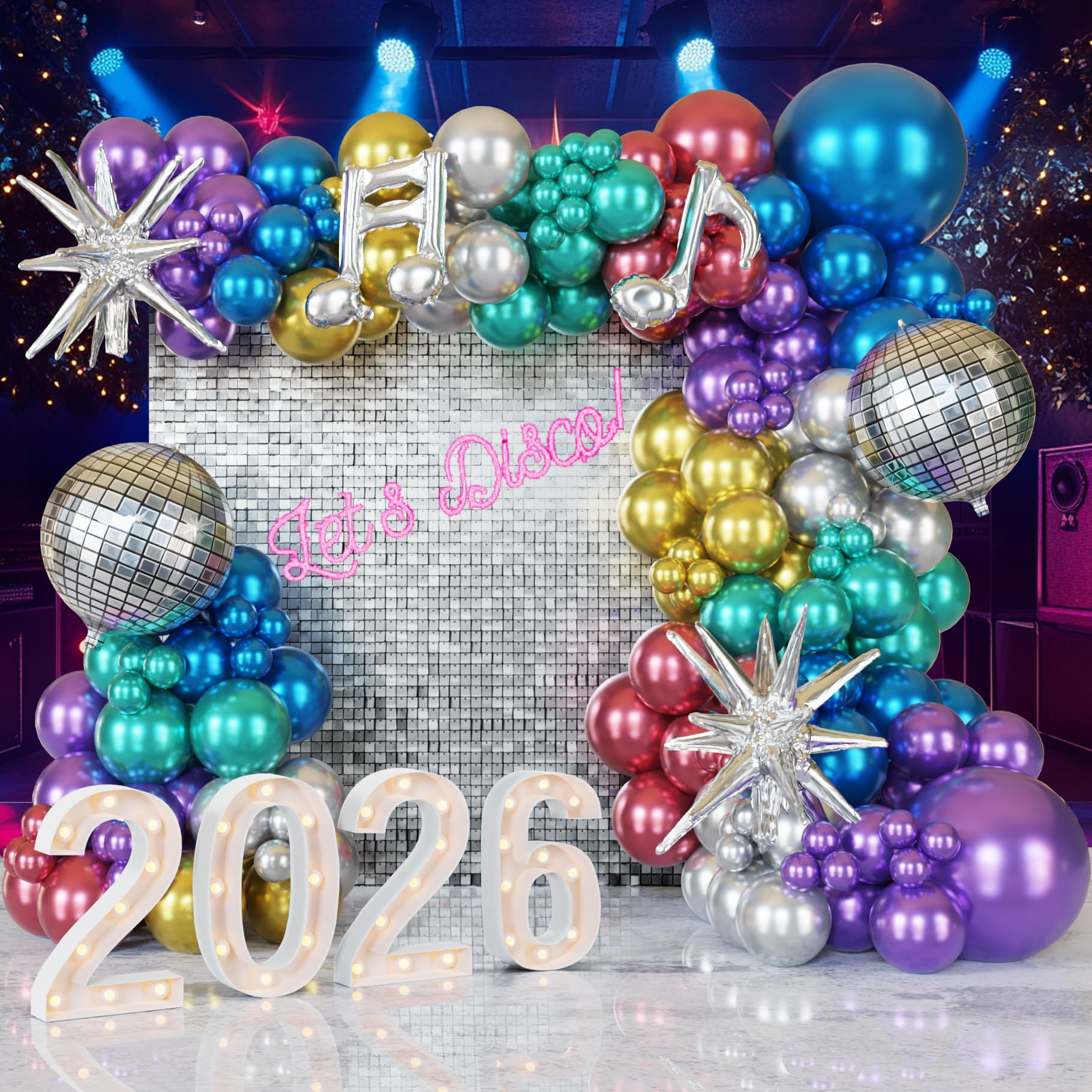 ECEAE Metallic Balloon Garland Kit Disco Ball Colorful 80s 90s Retro Dance Party Chrome Decor 131Pcs in Silver, Green, Blue, Gold, Purple，Red for Sing