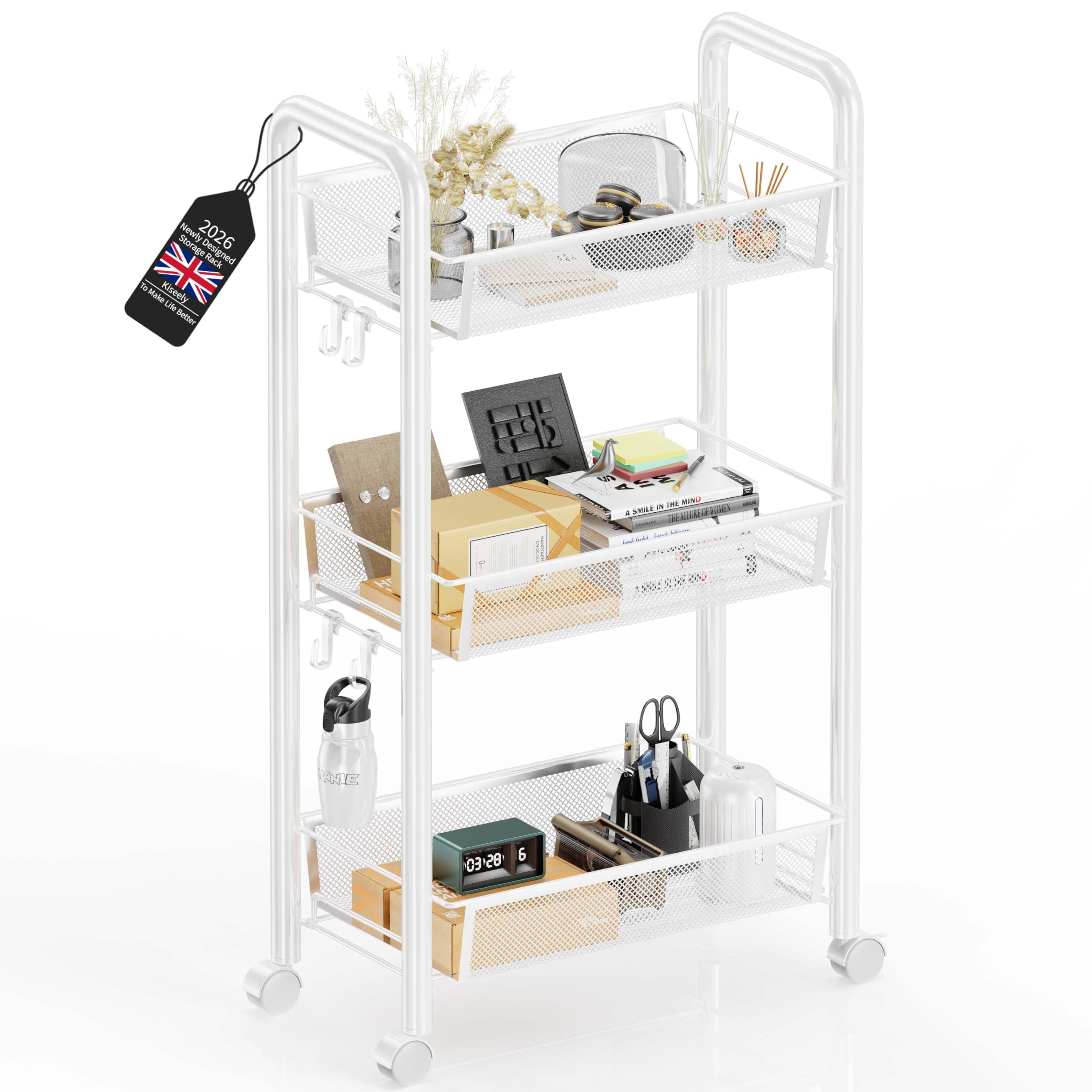 Chariot de rangement à roulettes en métal à 3/4/5 niveaux, chariot de cuisine peu encombrant avec roulettes, étagère pour cuisine, salle de bain, buanderie, chambre, endroits étroits (blanc