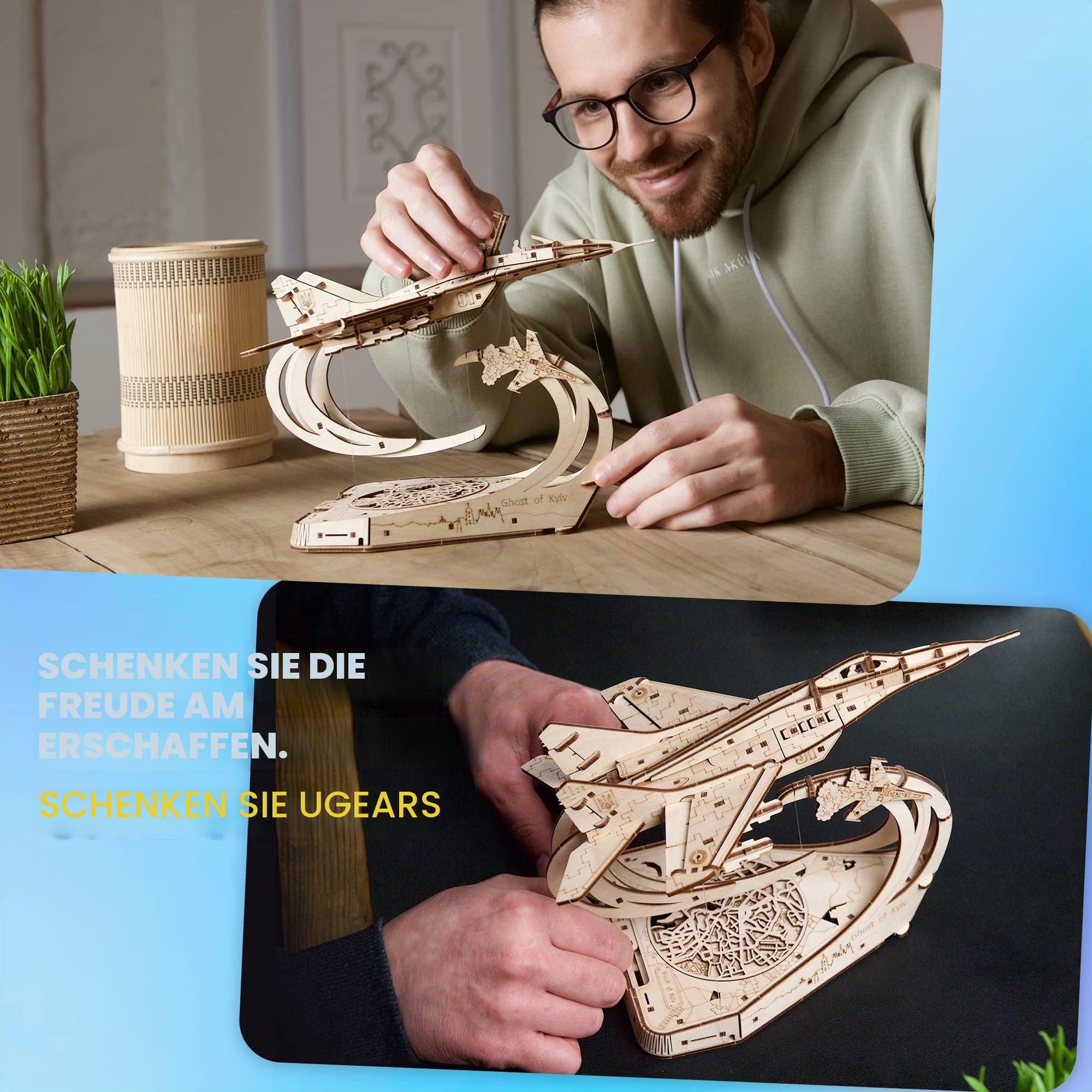 UGEARS Kampfflugzeug der Geist von Kyiv 3D Holzpuzzle Erwachsene – Flugzeug Magic Holz Modellbausatz Zum BAU von im Maßstab 1:72 Mig-29 - Mechanische 3D Puzzle für Erwachsene zum Zusammenbauen