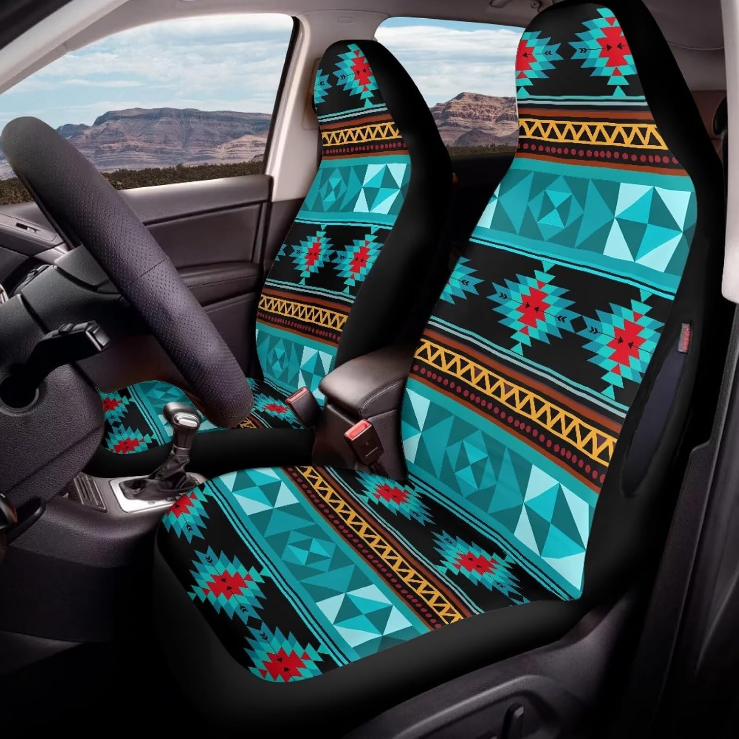 SEANATIVE Aztec Turquoise Car Seat Covers Waterproof Automotive Car Seat Protectors Airbag Safe Compatible Universal Front Car Seat Cushion Cover for Cars Trucks SUVs