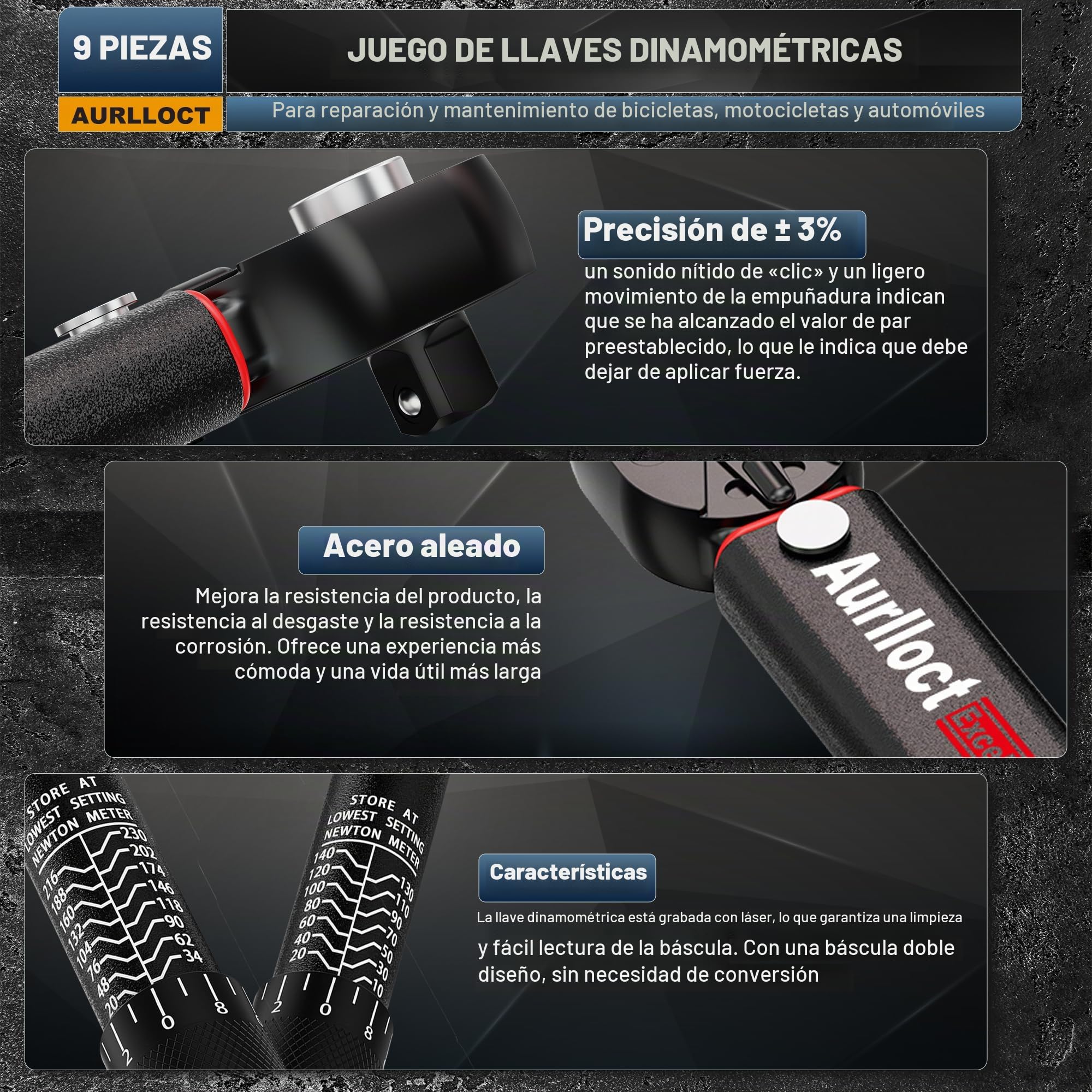 Juego Llave Dinamométrica 1/4" 3/8" 1/2", 9 Piezas 72 Dientes para Coche Moto Bici