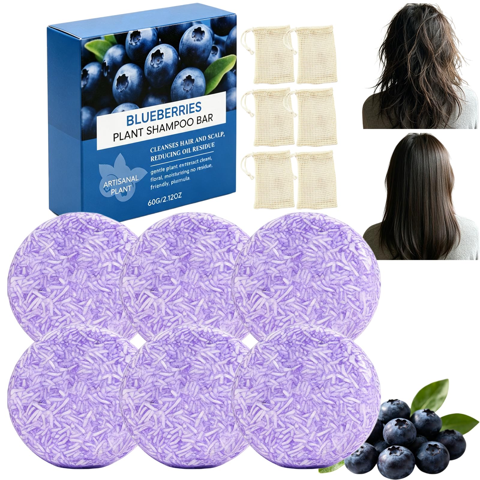 Blueberry Shampoo und Conditioner Bar mit Schaumbeuteln,Smooth Hair (6pcs)