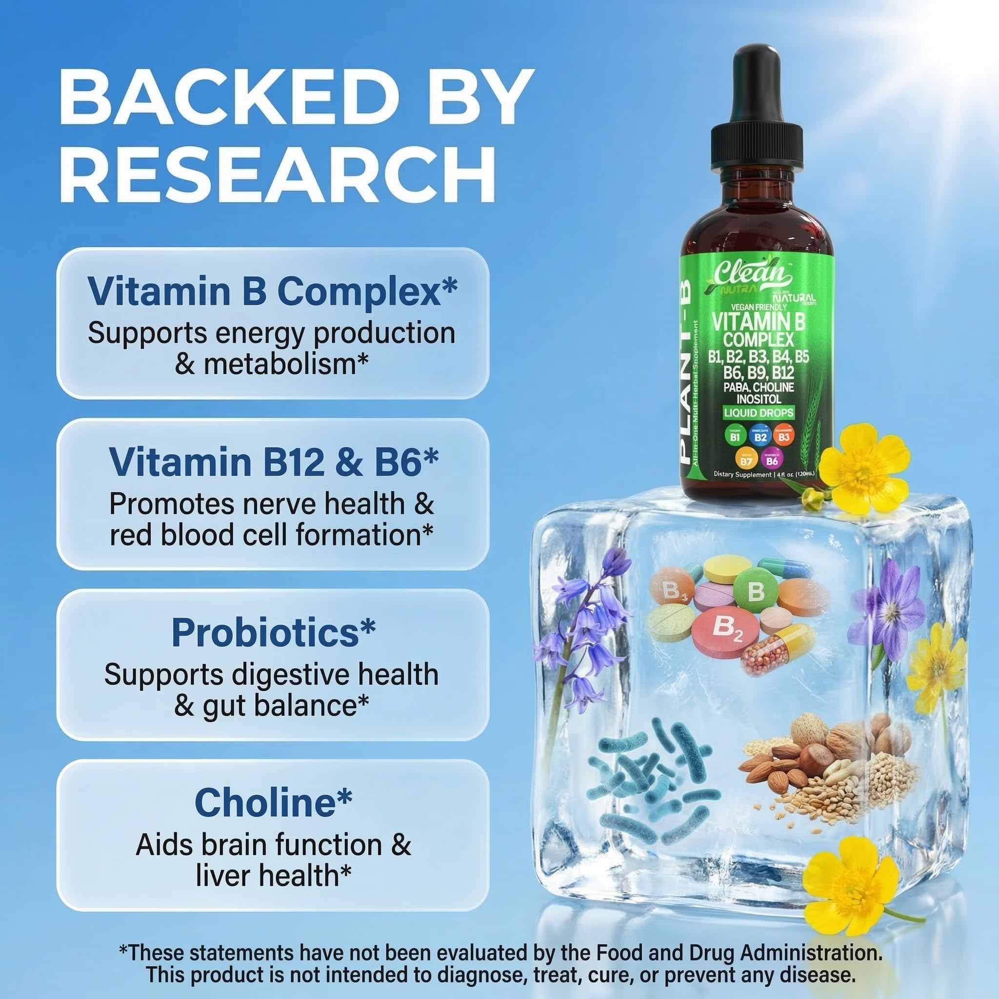 Vitamin B Complex Liquid Drops | Thiamine B1, B6, B2, B3, B4, B5, B7 B9, B12, Niacinamide, Paba, Choline Inositol Taurine Probiotics Beet Root Spirulina - Plant-B Vitamin Supplements by Clean Nutra — Amazon image 3