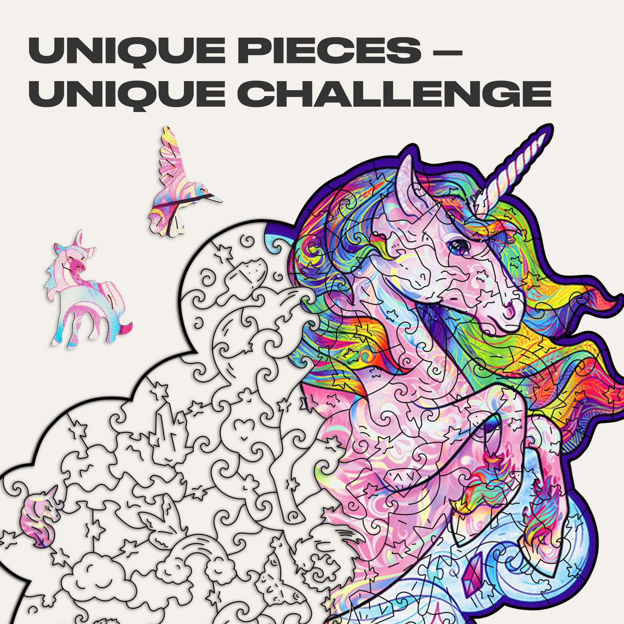UNIDRAGON Puzzle Originali di Legno - Unicorno Ispiratore, 195 pezzi, Dimensione Media, 26 x 32 cm, Bellissimo Pacchetto Regalo, Forma Unica Miglior Regalo per Adulti e Bambini