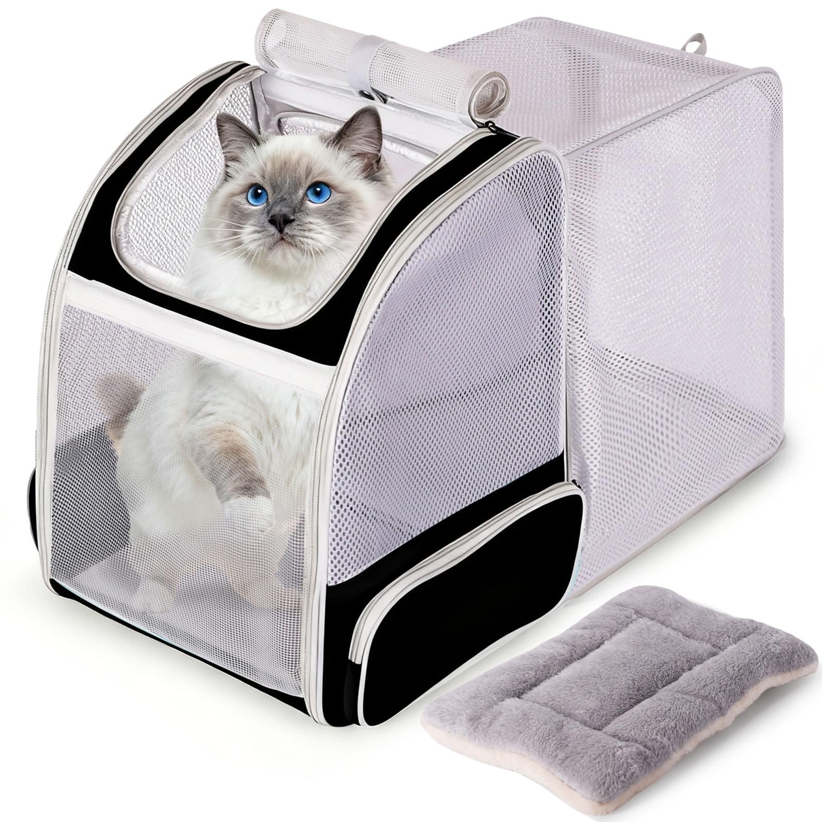 halinfer Backpack to Carry Cat and Small Puppy up to 16 Pounds, Breathable Pet Carrier to Transport Kitten Rabbit to Vet Visit Bag, Airline Approved Collapsible Expandable Black