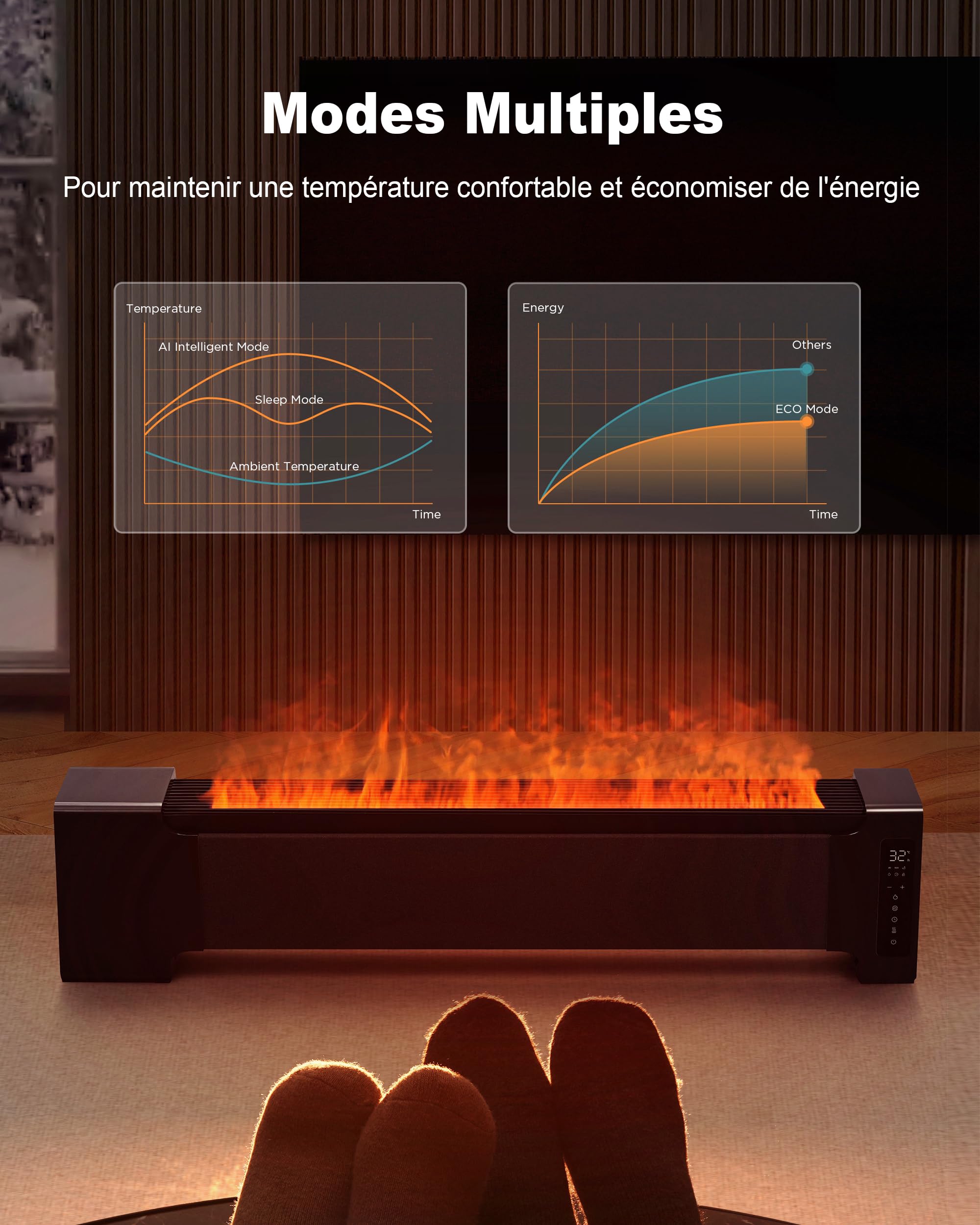 Airmate Grande Plinthe Cheminée Electrique 45" et Humidificateur 2 en 1 avec Télécommande, Chauffage Silencieux pour Grandes Pièces avec Flamme Réaliste, Commande Tactile LED 2000W