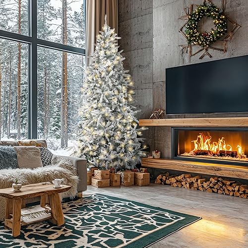 Miniatura 2 de Fraser Hill Farm 7.5-Ft. Slim Mountain Pine Flocked Artificial Christmas Tree with White LED Lights & Stand, Pre-Lit Foldable Fake Tree with