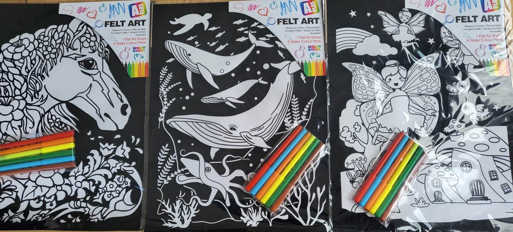 alls 3 x Large Velvet Colouring Picture Art Set & Felt Tip Pens Fairy Unicorn Fish
