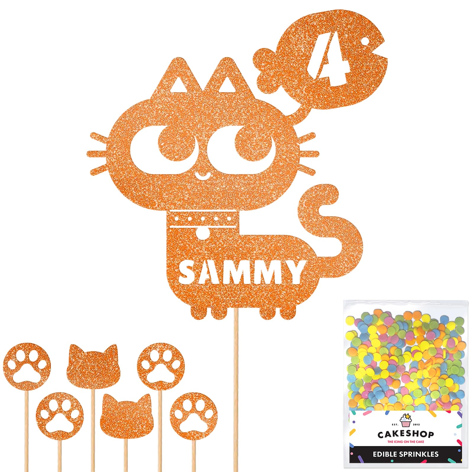 Personalised Birthday Cat Kitten Glitter Cake Topper- Copper Orange Any Name & Age Glitter Cake Decoration and Sprinkles - Happy Birthday Decorations - Personalised Toppers for Cakes by Cakeshop — image 1