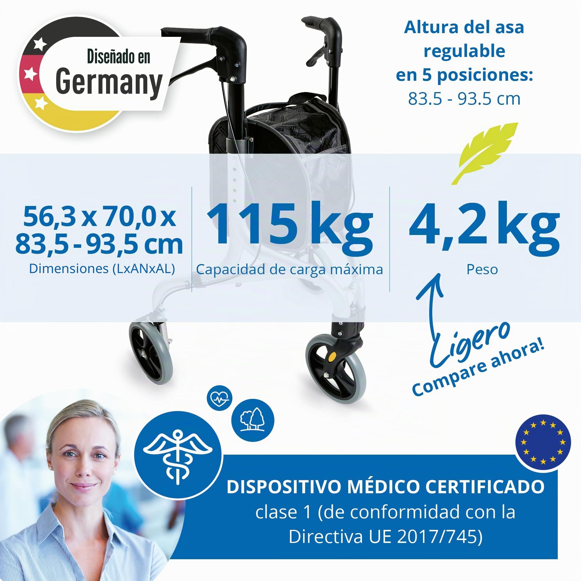 WEINBERGER faltbarer, klappbarer Aluminium Rollator mit 3 Rädern und Tasche, schmal, leicht und wendig, nur 4,2 kg, Farbe: Silber-Schwarz, Modell: 02217