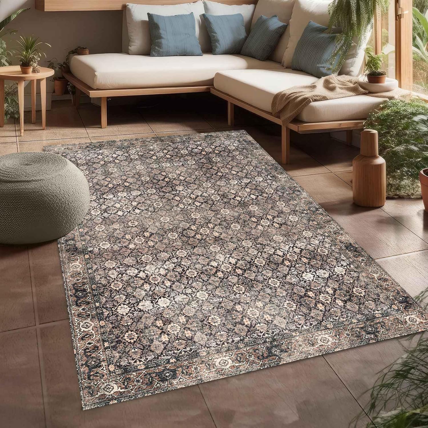 Distressed Vintage Large Rugs Brown Tan Floral Geometric Texture Outdoor Washable Area Rug 4x6 for Porch Patio Deck Non Skid Waterproof Low Pile Cool Rugs Balcony Camping RV Natural Throw Rug Carpet