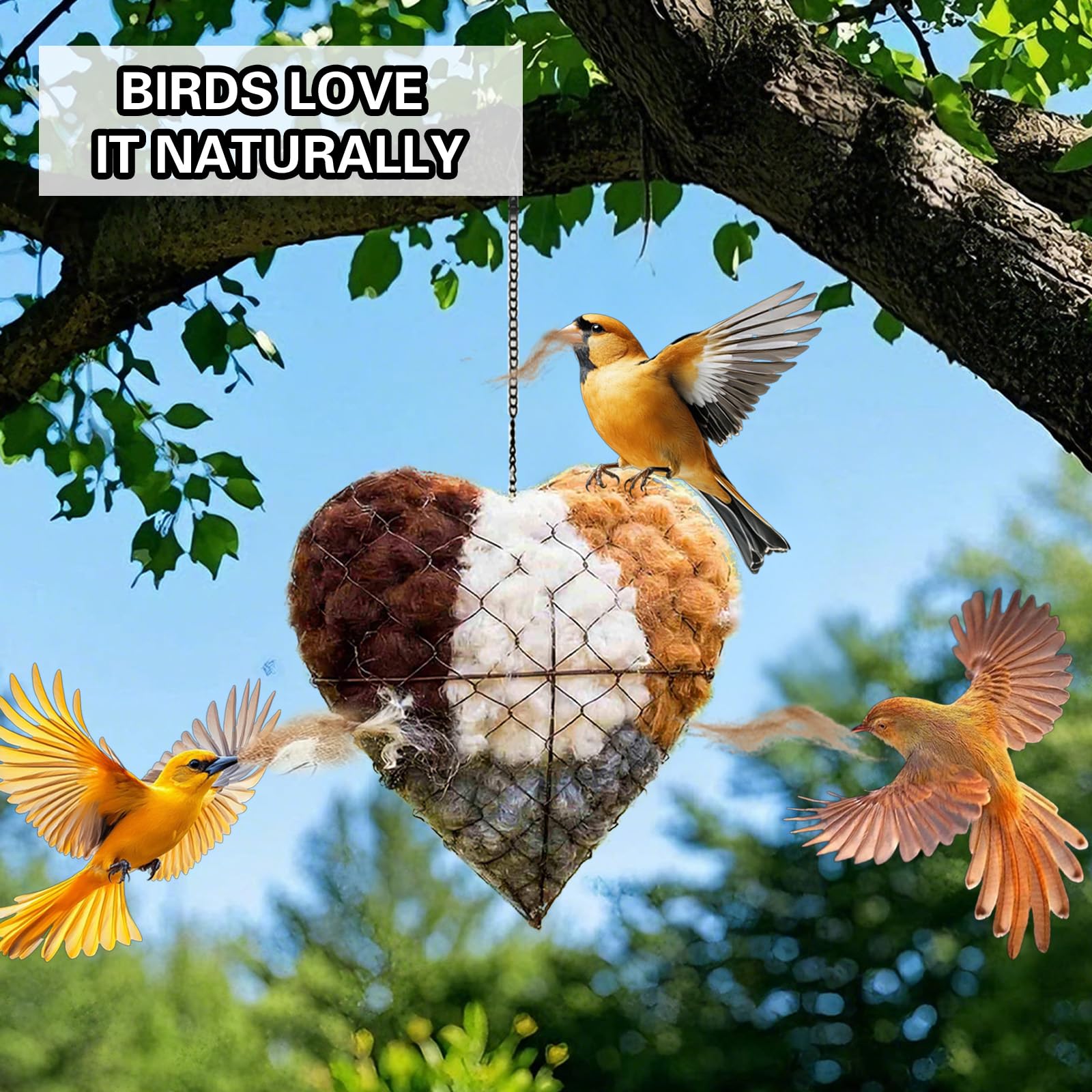 Corazón de anidación de pájaros de fibra hecho a mano, soporte de material de anidación con material de anidación, refugio de invierno para pájaros silvestres y colibríes, casa de pájaros y