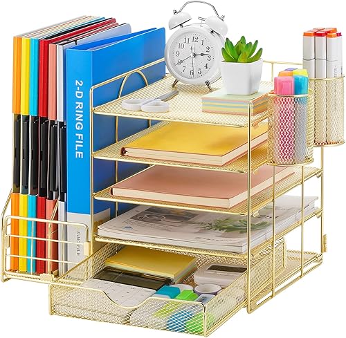 Marbrasse Organizador de escritorio dorado con soporte para archivos organizador de bandeja de papel de 5 niveles con cajón y 2 soportes para