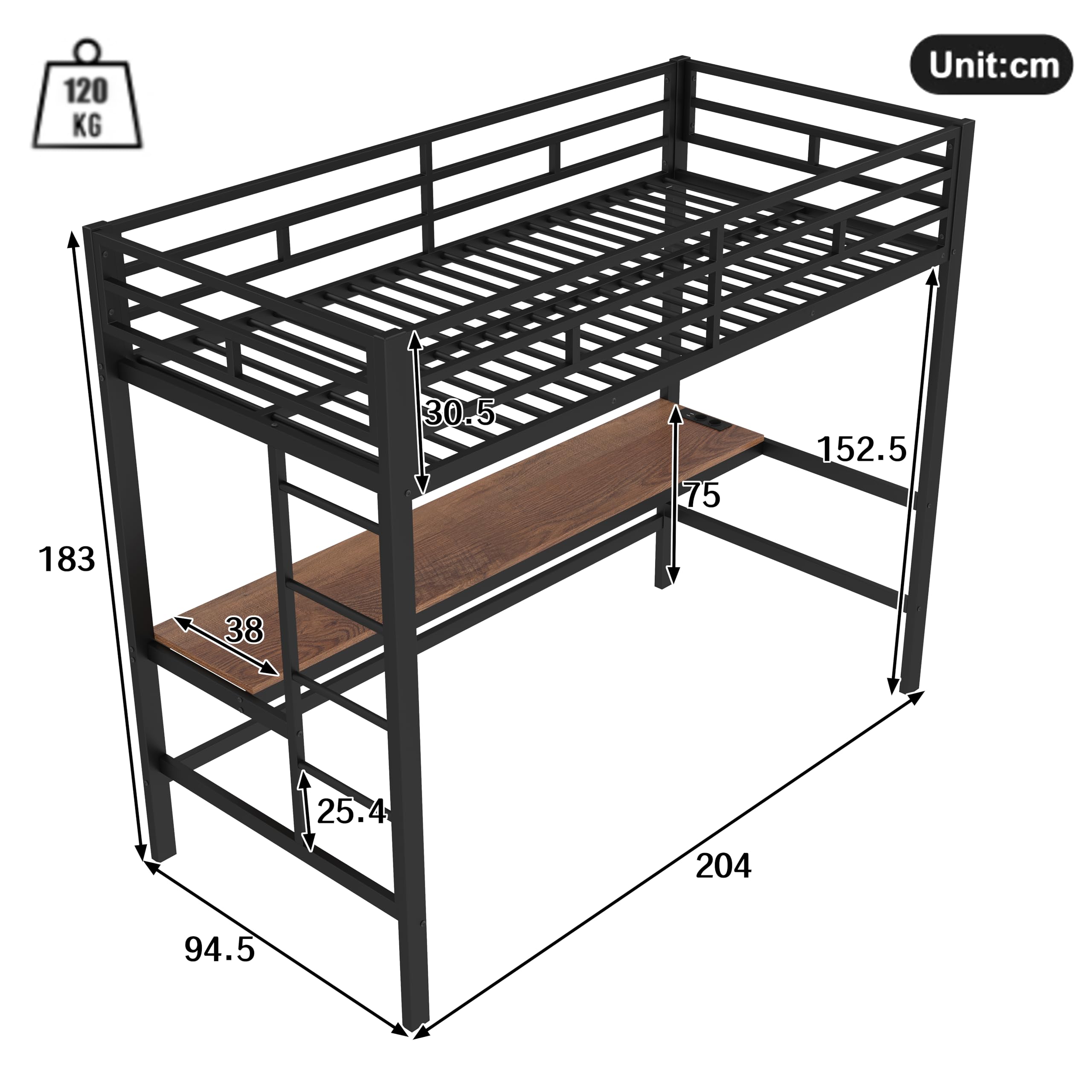 Letto a soppalco 90x200 cm con ringhiera scaletta tavolo con USB e presa striscia luminosa a filo bed singolo per adulti in metallo letti per ospiti Nero
