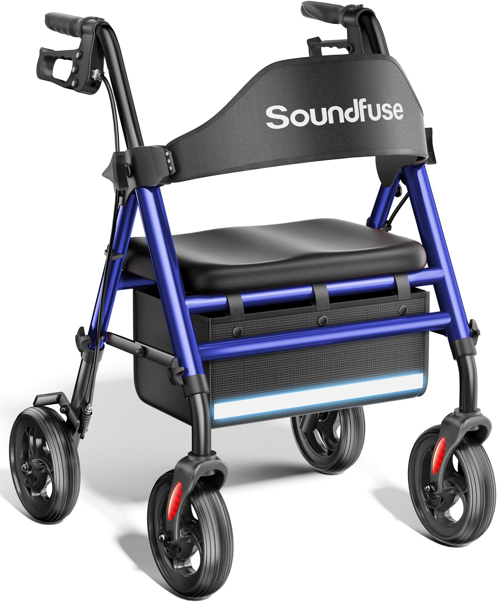 SOUNDFUSE Walkers for Seniors, Rollator Walker with Seat, 8" All Terrain Wheels, Double Support Bar, 16" Ergonomic Arc Seat and Comfortable Backrest, Dual Height Adjustable and Foldable Design