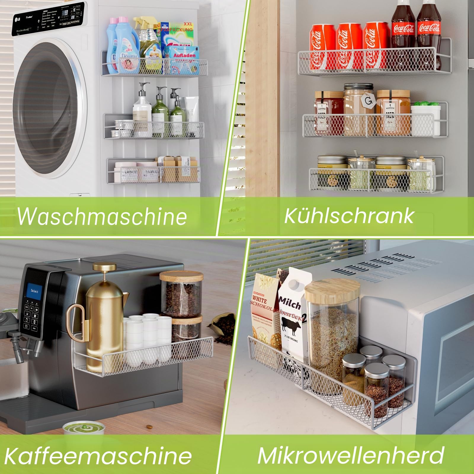 Magnetische Regale für Waschmaschine, robust, magnetischer Wäsche-Organizer mit Haken, Waschmaschinenregal für Kühlschrank, Metall-Aufbewahrungskörbe, Schrank und Waschküche, 4 Stück (grau)