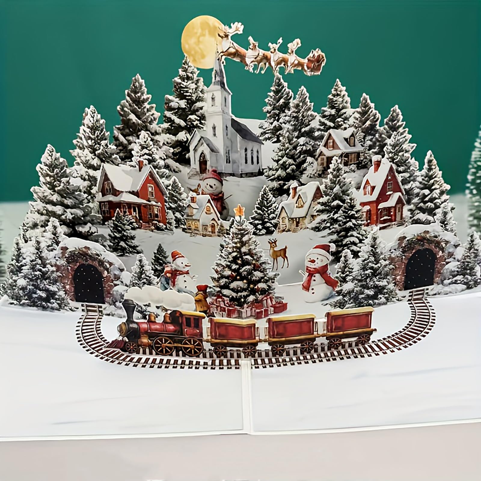 3D Carte de Noël Pop-Up avec Père Noël et Rennes, Enveloppe Incluse