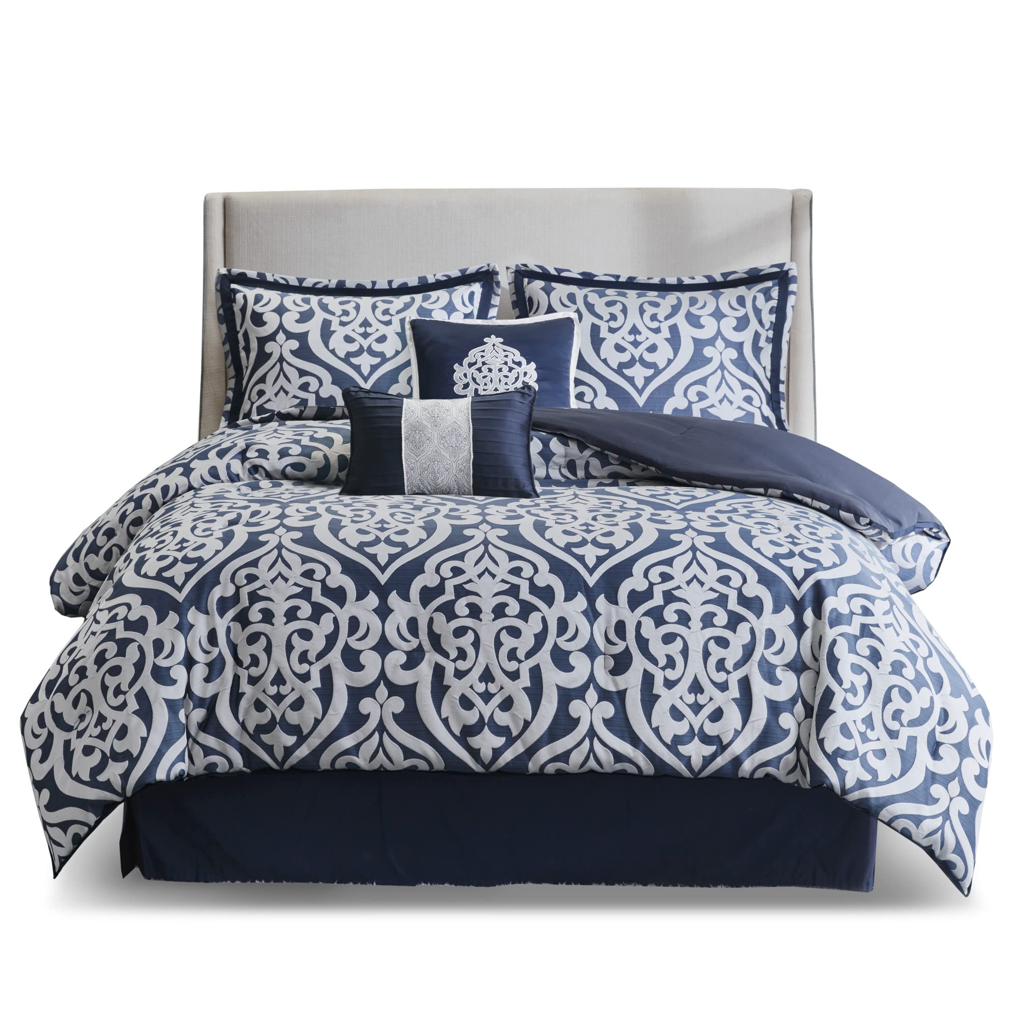 Madison Park Tesla Cozy Comforter Set Jacquard Damask Medallion Design - All Season Down Alternative Bedding, Shams, Bedskirt, Decorative Pillows, Queen, Navy 6 Piece