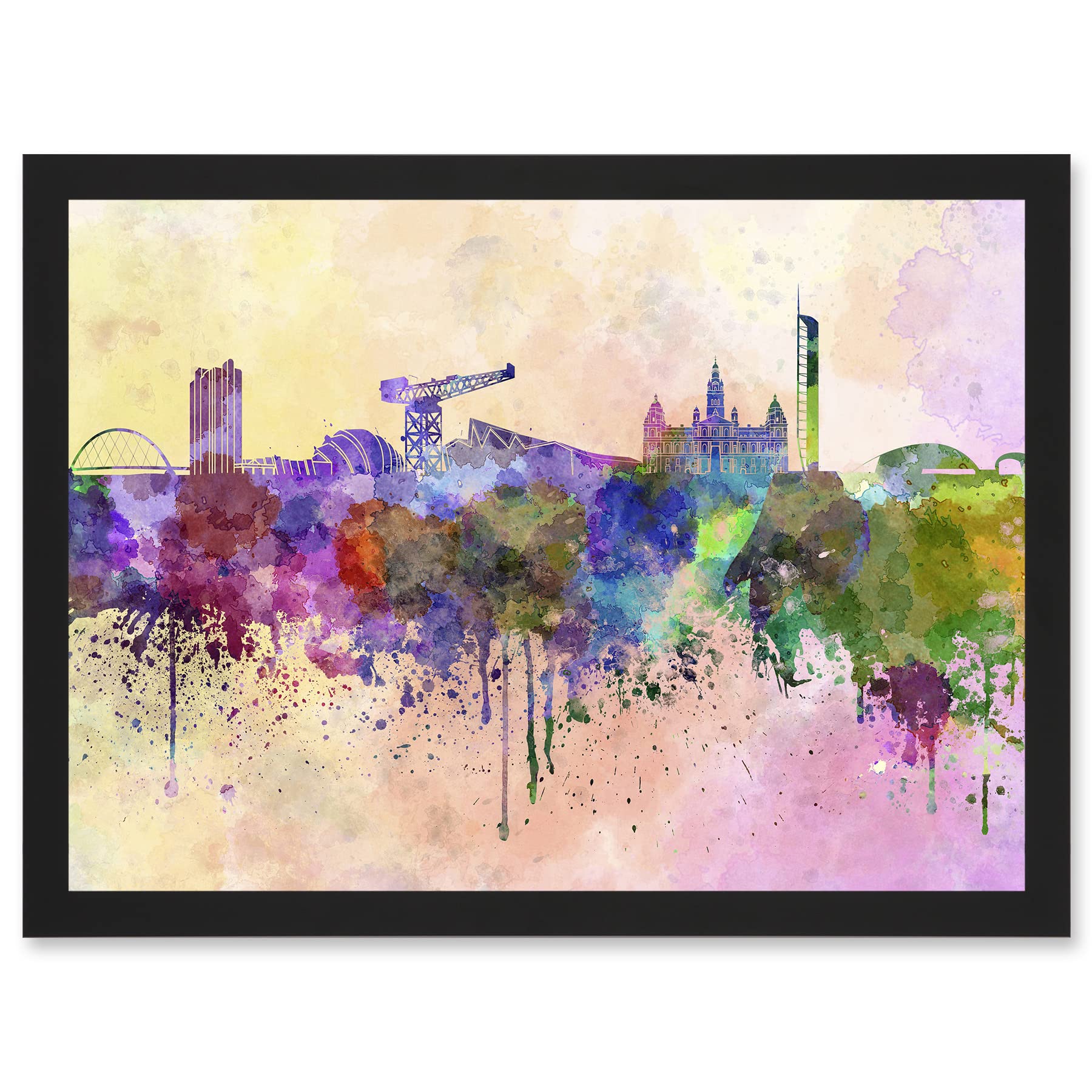 Artery8 Cityscape Paint Splash Skyline Of Glasgow City A4 Artwork Framed Wall Art Print