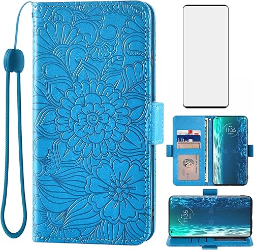 Funda tipo cartera compatible con Motorola Moto Edge 5G 2020 y protector de pantalla de vidrio templado, soporte magnético de cuero con tapa para