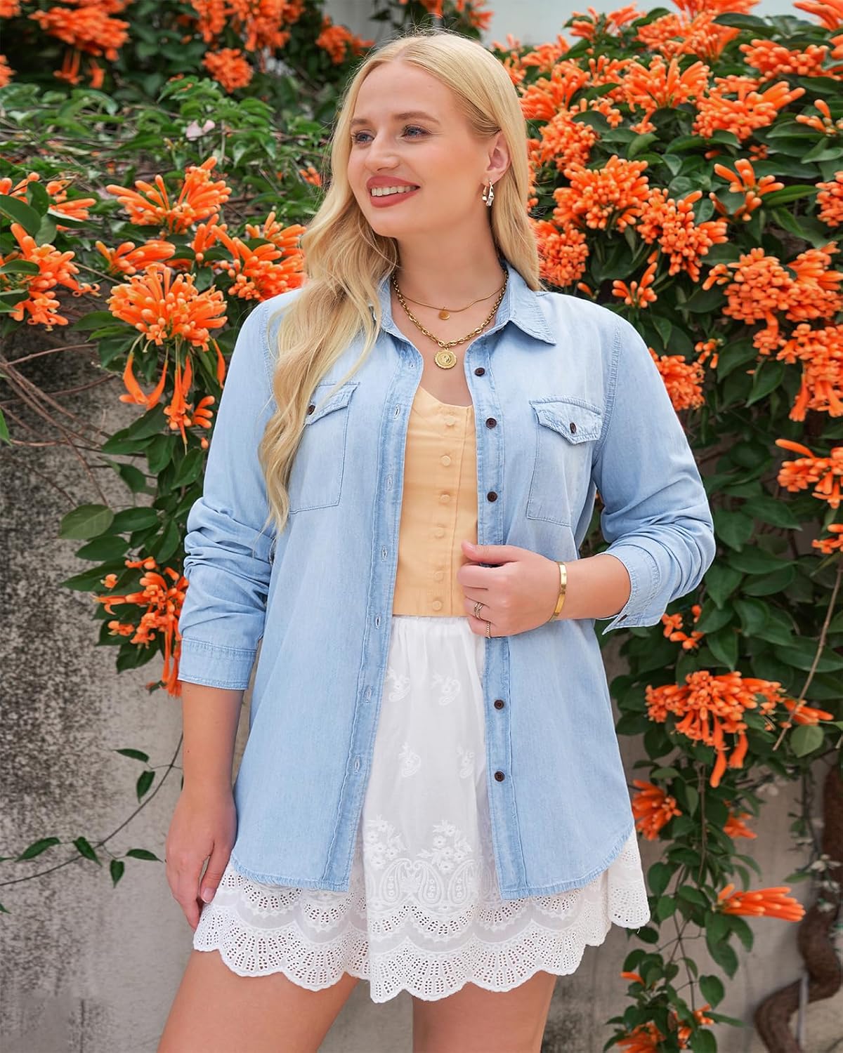 Vetinee Women's Button Down Denim Shirt Collared Casual Long Sleeve Pocket Tops - Image 5