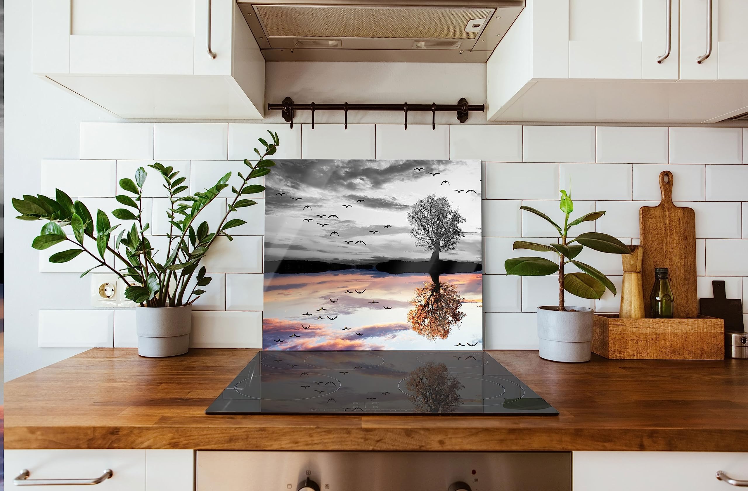 Baum der sich im Wasser spiegelt Herdabdeckplatte & Spritzschutz aus Echtglas | Für Herd-Kochfelder | 60x52 cm
