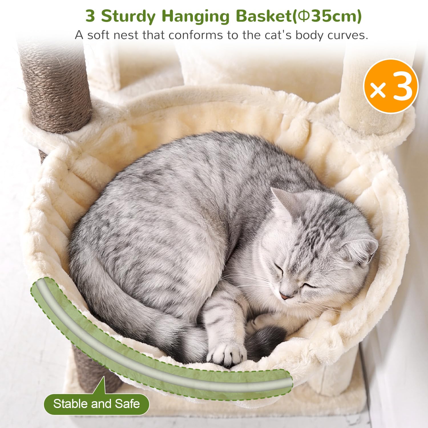 Globlazer Rascador beige XL de 177 cm de alto con 2 casas grandes para gatos, plataforma grande acolchada (60 x 44 cm), 3 cestas blandas, rampa para rascar sisal, estable para 2 – 4 gatos adultos