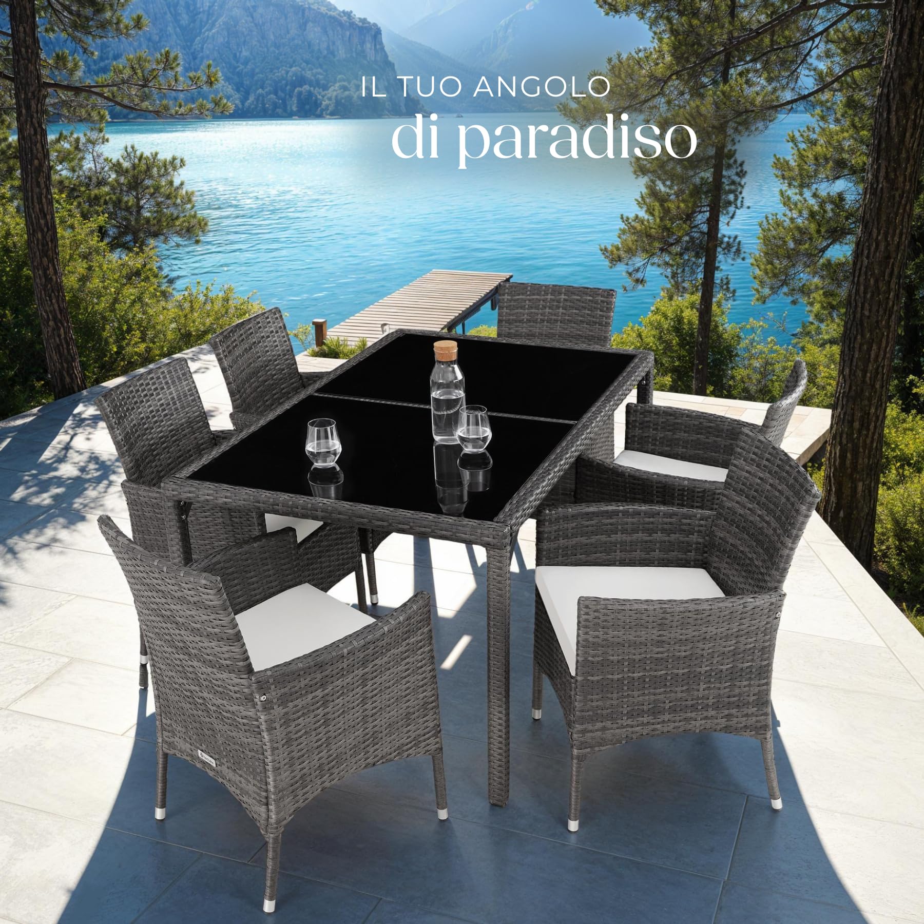 Tectake Set da Giardino Polyrattan 6 Sedie 1 Tavolo Grigio Bianco