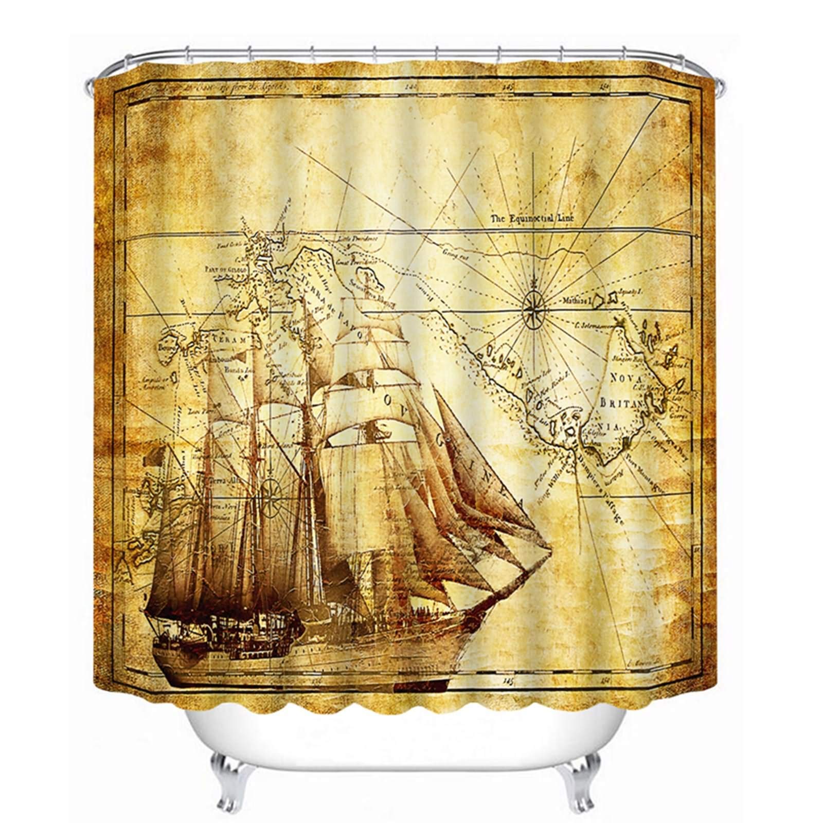 Rideau de douche japonais anti-éclaboussures 200x180cm carte nautique marron KnSam