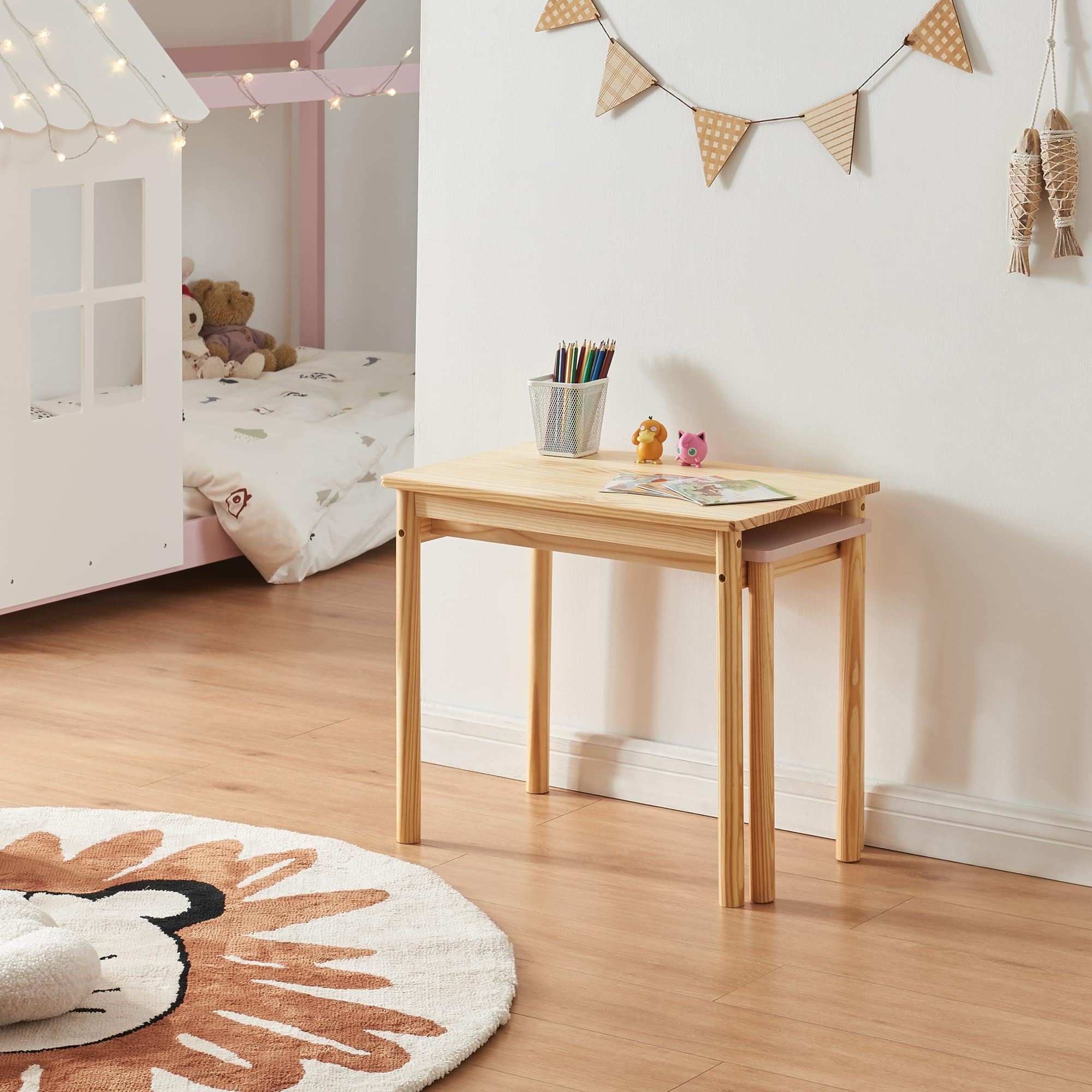[en.casa] Tavolo per Bambini con Piano Estraibile Scrivania con Piano Aggiuntivo e Gambe di Supporto Tavolo per Cameretta Arredo a Misura di Bimbi - Legno Naturale/Rosa
