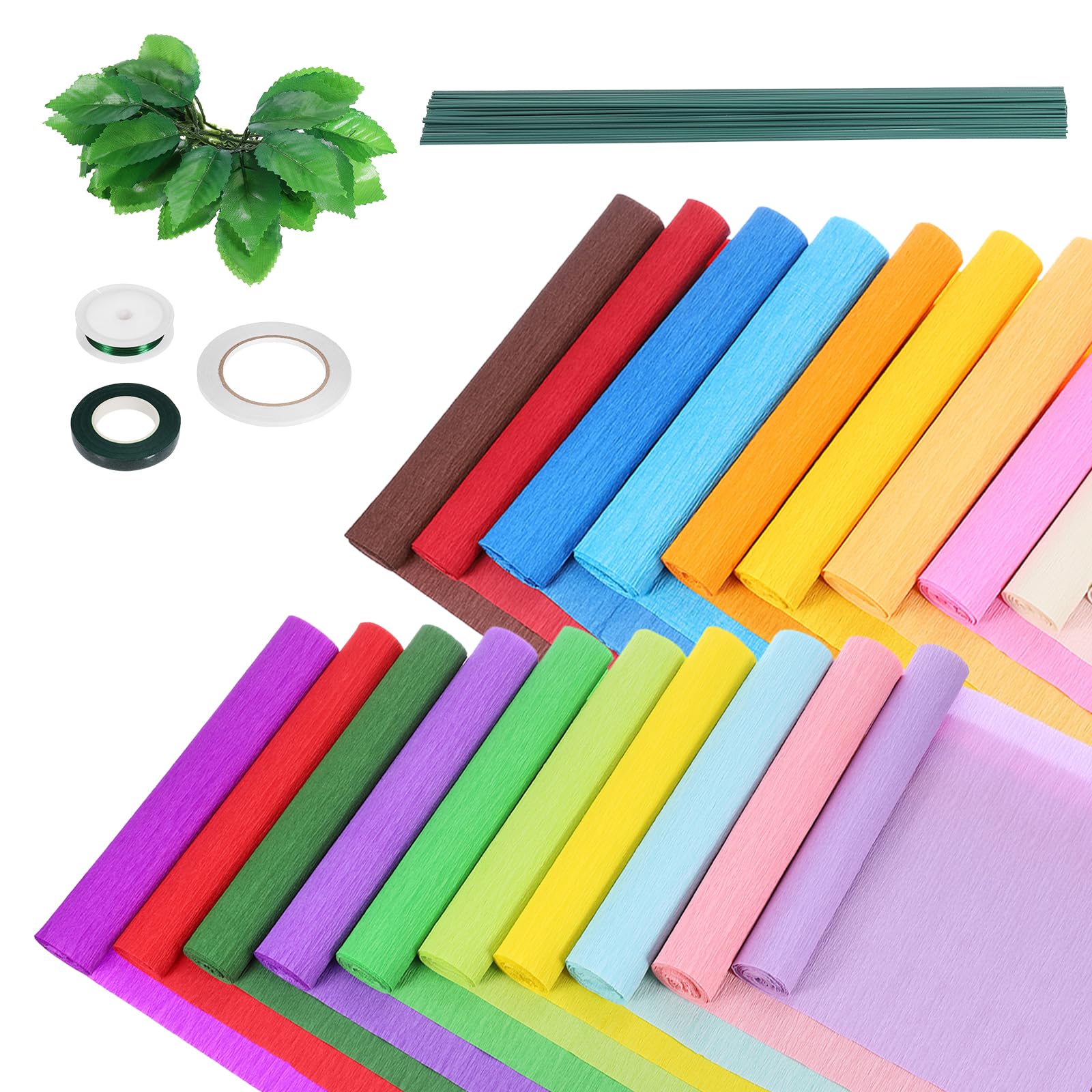 QUARKZMAN 20 kolorów papier do kwiatów kreacja 8,2 stóp x 10 kolorowych krepy, papier rolkowy, kwiaty DIY zestaw z kwiatami, żelazny drut łodyga, liście wstążka na urodziny ślub dekoracja
