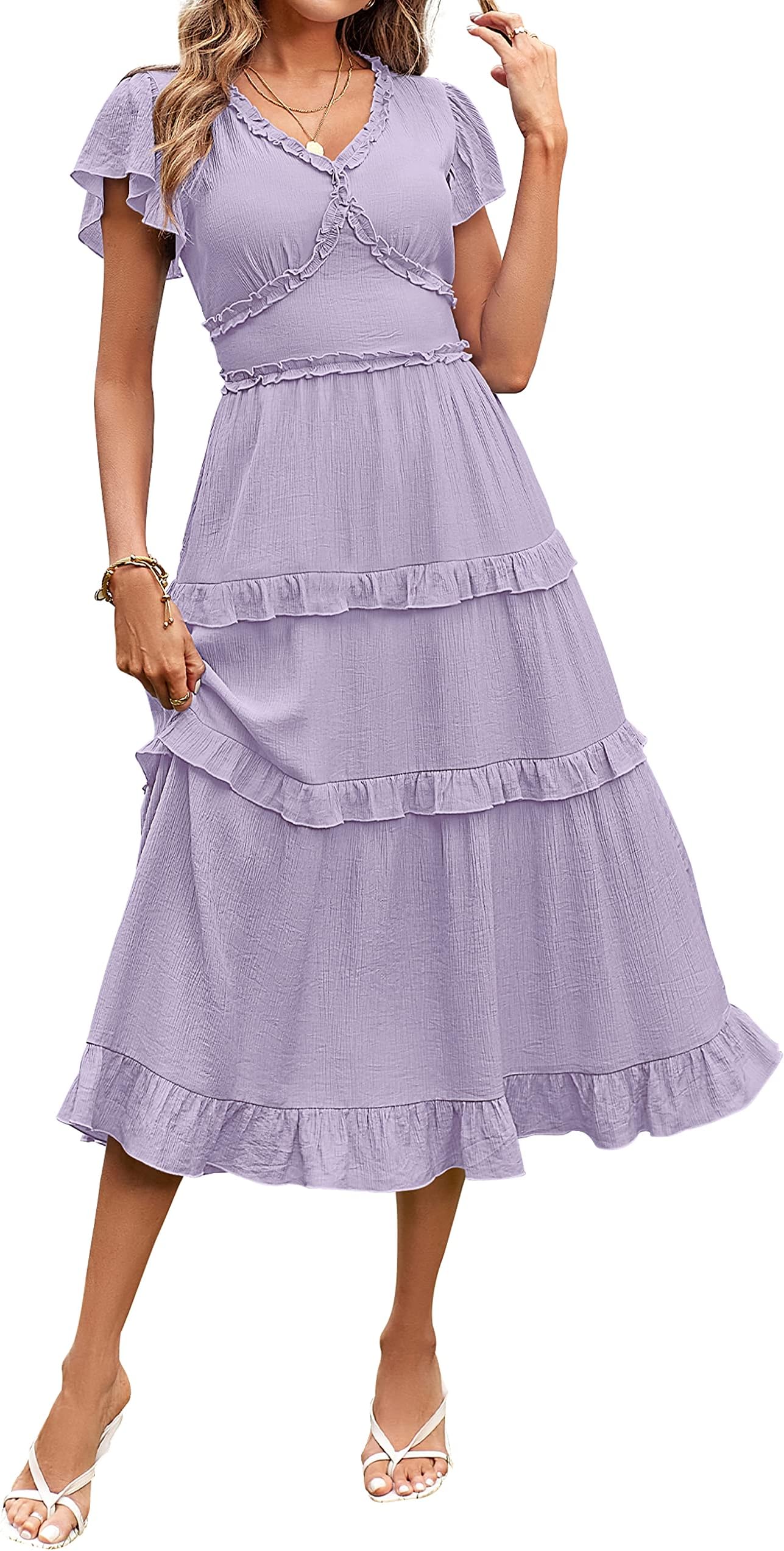 MEROKEETYWomens 2023 Summer Casual V Neck Flutter Sleeve High Waist Ruffle Tiered Midi Dress
