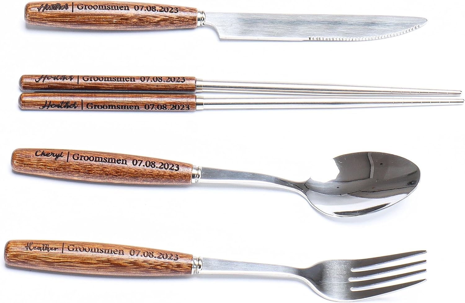 Personalized Stainless Steel Utensil Set with Gift Box - Fork Knife Spoon Chopsticks Study Engraved Wood Handle with Case, Housewarming Mother's Day Birthday Gift Bridal Shower Cutlery Set