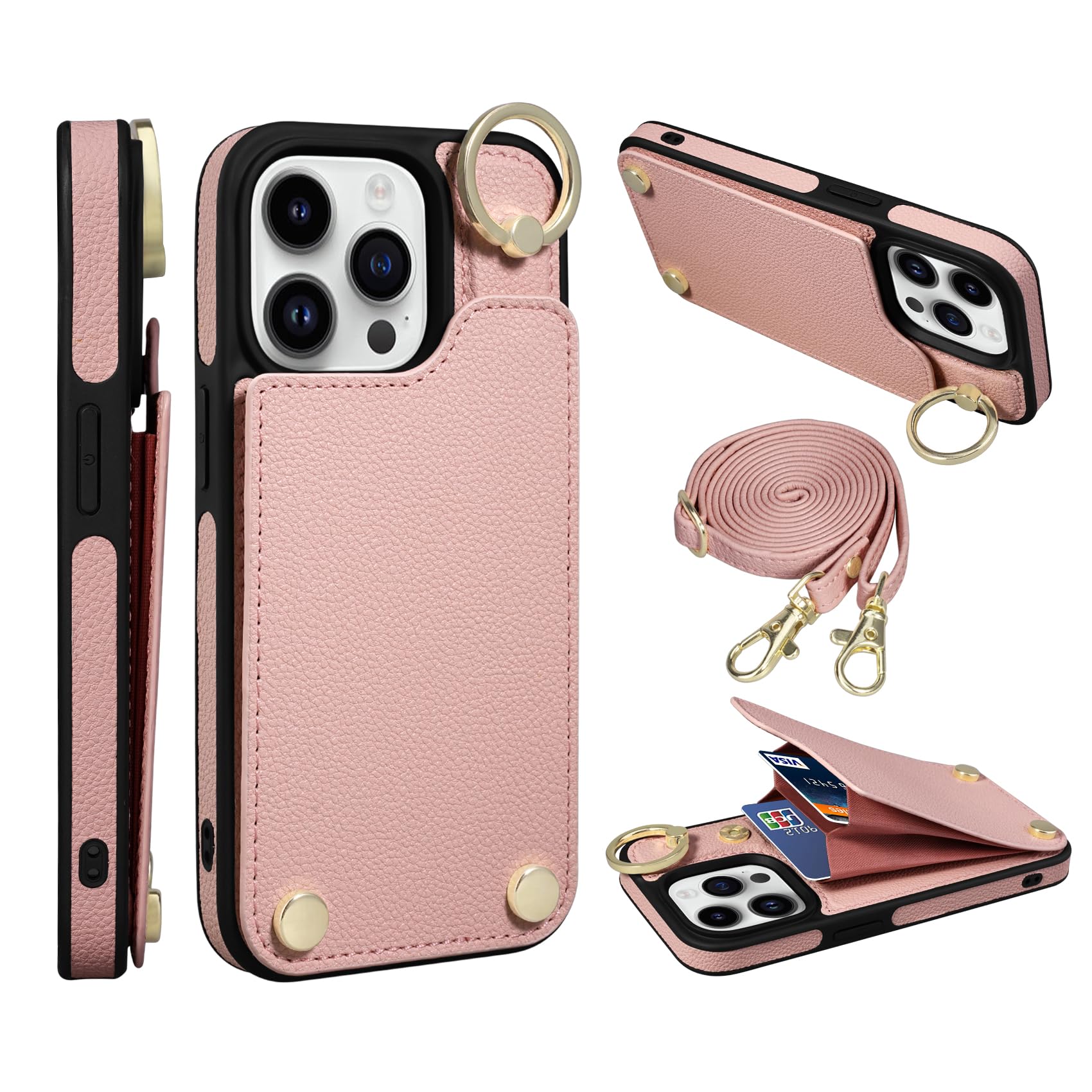 RssvissCase for iPhone 14 Pro Crossbody, Luxury Leather Flip Wallet Case with Card Slots, Ring Holder Kickstand, RFID Blocking Protective Folio Cover Designed for iPhone 14 Pro 6.1 inch Pink