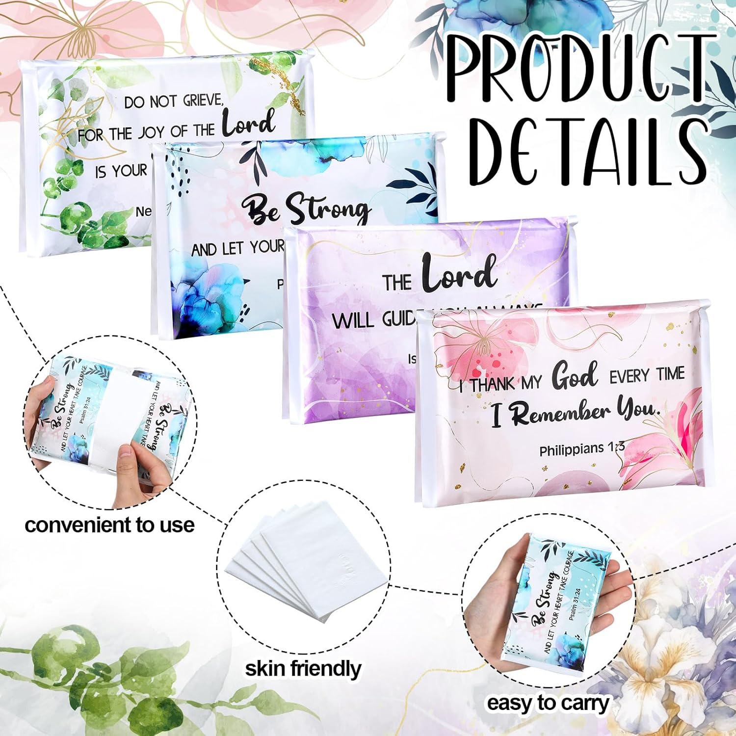 Tinlade 24 Packs Travel Size Tissue Pocket Slim Pack Facial 3 Ply Wallet Size Pocket Tissues for Travel Wedding Party Favors, 10 Sheets Each, 4 Styles(Inspirational Scripture) - Image 3