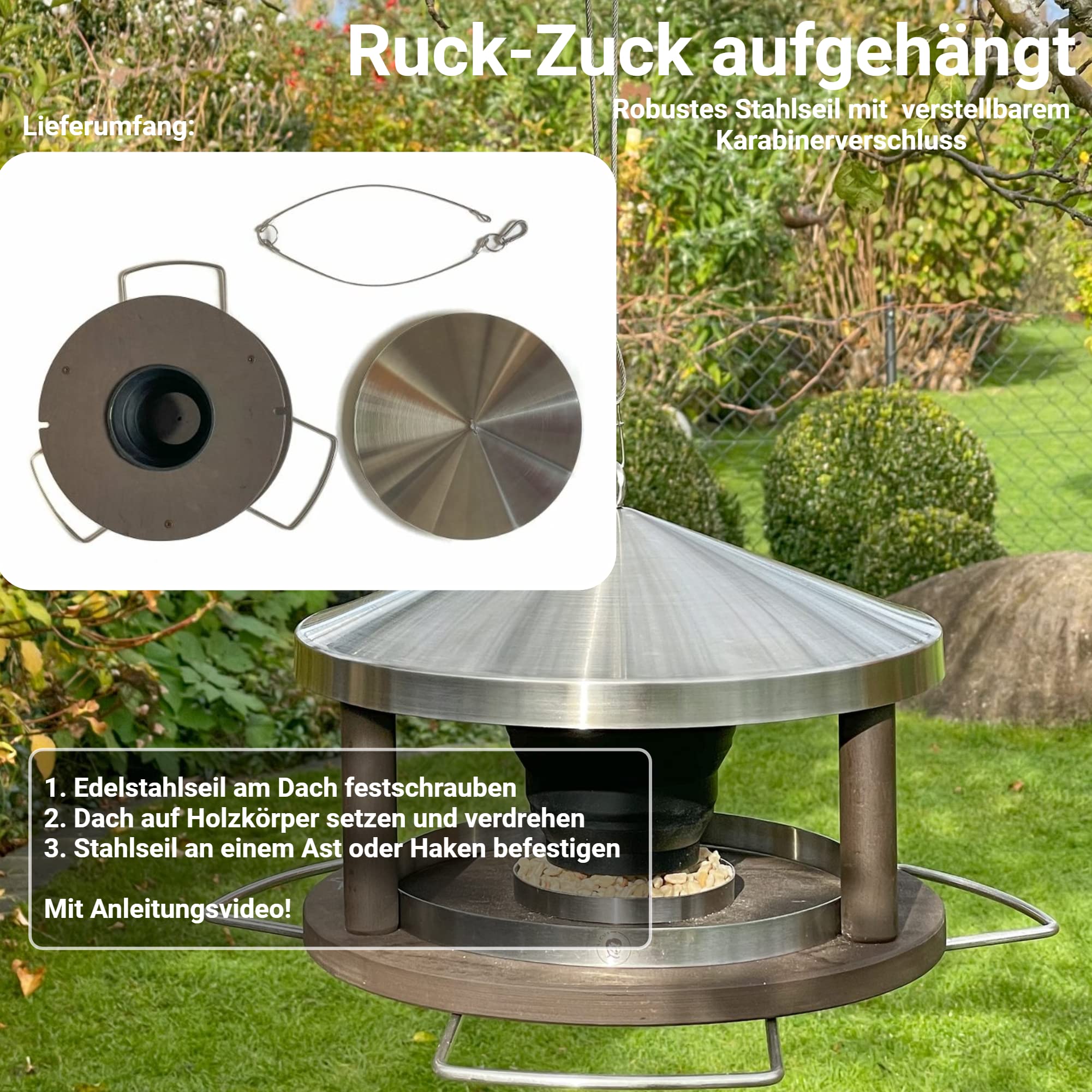 Vogelhaus zum Aufhängen wetterfest aus Edelstahl - Vogelfutterhaus - Futterhaus für Vögel hängend, Vogel Futterhaus modern - Vogelhäuschen, Vogelfutterspender Vogelfutterstation