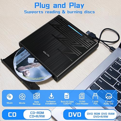 Miniatura 2 de NOLYTH Unidad de DVD externa para Mac, USB CD ROM Burner Unidad externa para portátil con ranura de audio SD TF de 0.138 in, unidad de disco óptico