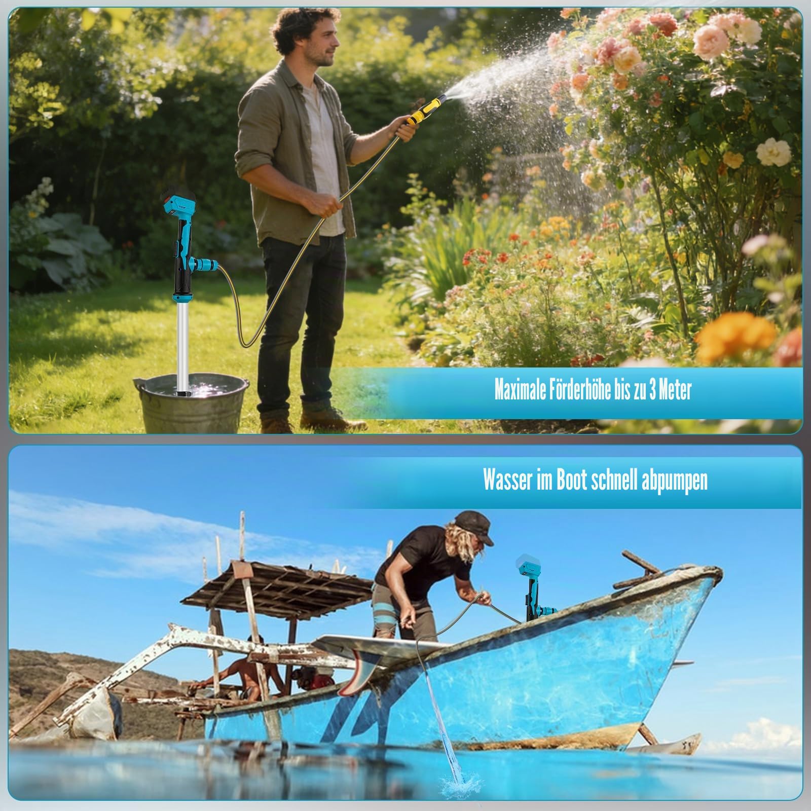Kabellose Stabwasserpumpe tauchpumpe kompatibel mit Makita 18V, Förderleistung 3600 l/h, tragbare Regenfasspumpe zum Entleeren von Regentonnen Zisternen Teichen Boot (Blau für Makita)