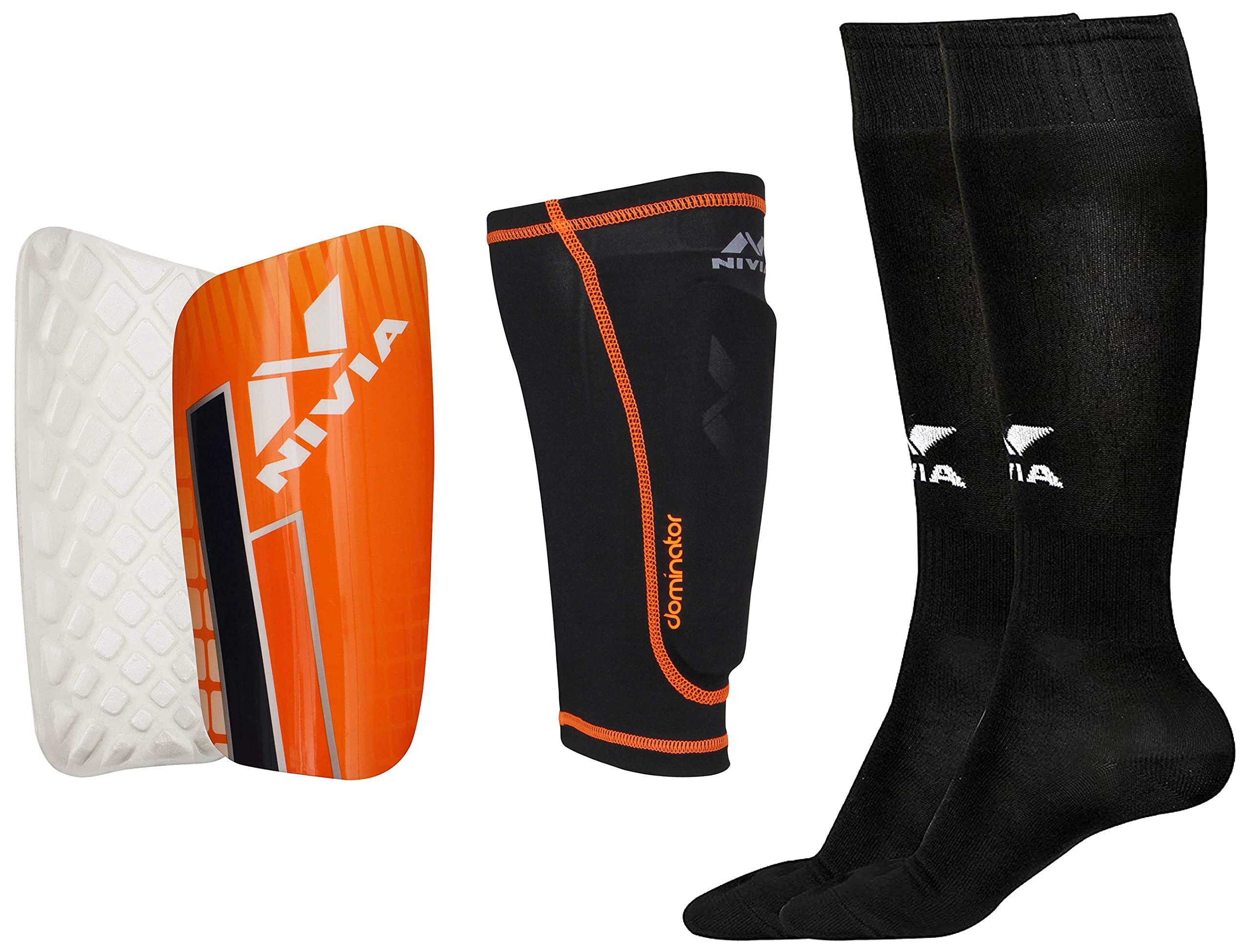 Nivia Dominator 7027 Football Shin Guards with Sleeves, Medium (Blue/White/Orange) & Nivia 728LBW Encounter Blend Stockings, Large (Black) Combo (B08615RQDM) Amazon Price History, Amazon Price Tracker